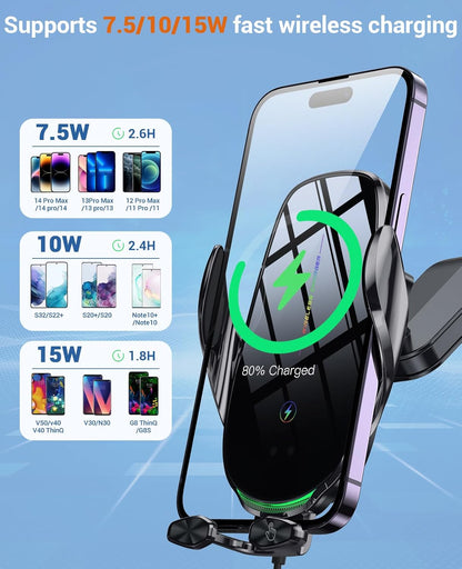 Wireless Car Charger, 15W Fast Wireless Charger for Car Auto-Clamping, Fit for Iphone 15 14 13 12 11 Pro Max Xs, Samsung Galaxy S23 Ultra S22 S21 S20, S10+ S9+ Note 9, Etc